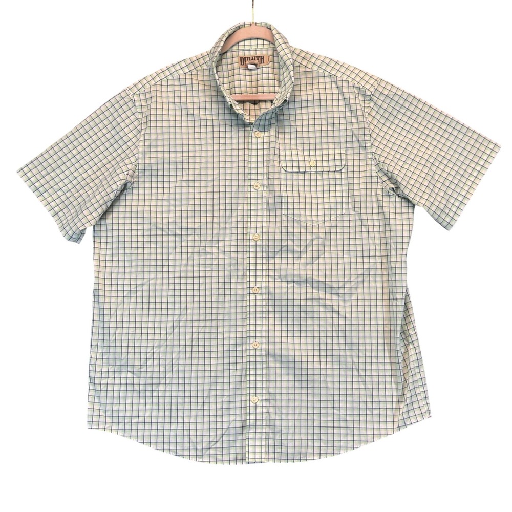 Duluth Trading Co Mens XL Relaxed Fit Short Sleeve Plaid Button Down Shirt Green